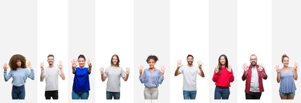 Collage of different ethnics young people over white stripes isolated background showing and pointing up with fingers number nine while smiling confident and happy. - Photo, Image