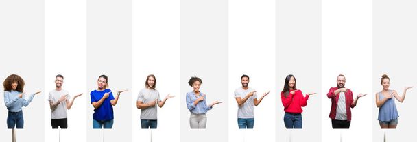 Collage van verschillende etniciteit jongeren over witte strepen geïsoleerd achtergrond verbaasd en lachend naar de camera tijdens het presenteren met hand en met de vinger te wijzen. - Foto, afbeelding