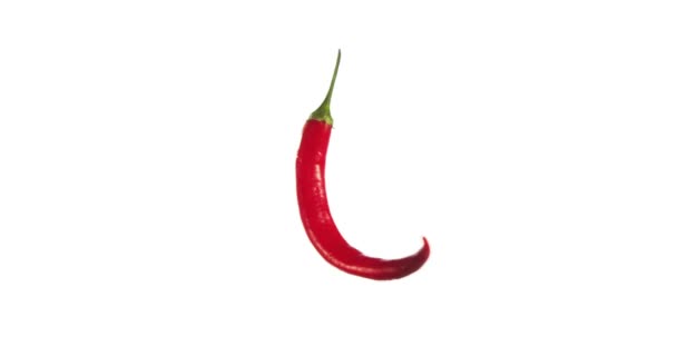 Chili Pepper otáčí rotace izolovaných na bílém pozadí, které jsou rozptýlené ve vzduchu - Záběry, video