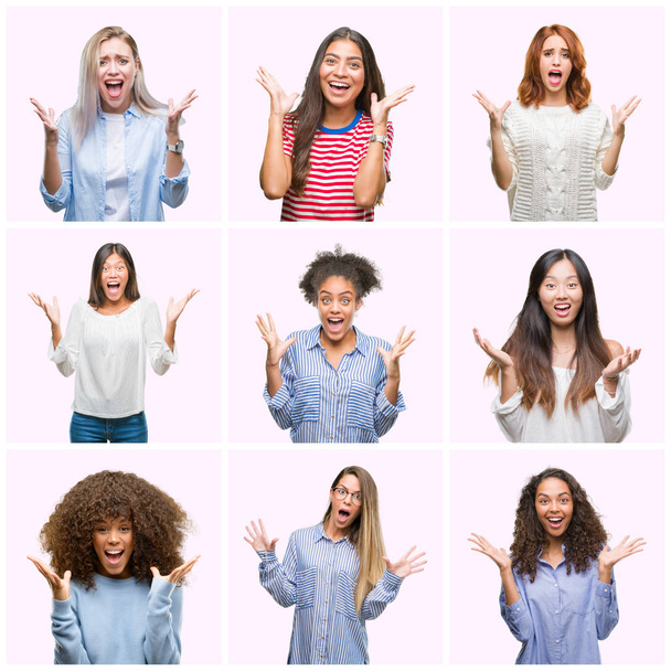 Colagem de mulheres jovens sobre fundo isolado rosa comemorando louco e espantado pelo sucesso com os braços levantados e olhos abertos gritando animado. Conceito de vencedor
 - Foto, Imagem