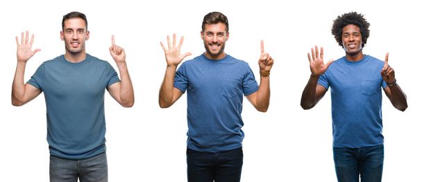 Collage de groupe d'hommes hispaniques et afro-américains sur fond isolé montrant et pointant vers le haut avec les doigts numéro six tout en souriant confiant et heureux
. - Photo, image
