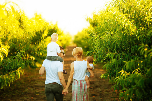 Happy and beautiful family walking in orchard - Photo, Image