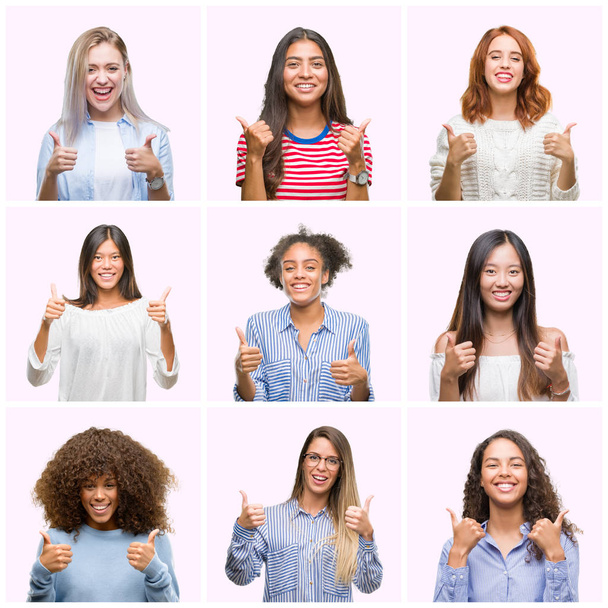 Collage de mujeres jóvenes sobre rosa signo de éxito de fondo aislado haciendo gesto positivo con la mano, pulgares hacia arriba sonriendo y feliz. Mirando a la cámara con expresión alegre, gesto ganador
. - Foto, imagen