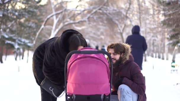 fröhliche, junge Familie, die im Winterpark spazieren geht, Mama, Papa und Baby im Kinderwagen. Lächelnde Eltern lehnen sich über rosa Kinderwagen und sprechen mit Baby auf schneebedeckten Bäumen Hintergrund. - Filmmaterial, Video