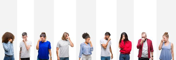 Collage of different ethnics young people over white stripes isolated background tired rubbing nose and eyes feeling fatigue and headache. Stress and frustration concept. - Photo, Image