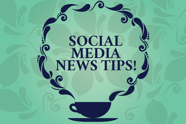 Word writing text Social Media News Tips. Business concept for Internet online communications new ways of knowledge Cup and Saucer with Paisley Design as Steam icon on Blank Watermarked Space. - Photo, Image