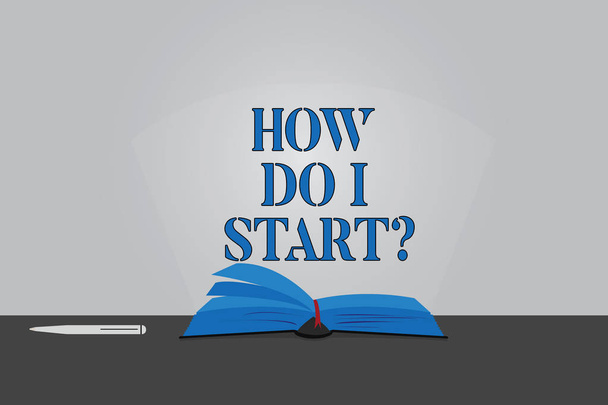Text sign showing How Do I Start. Conceptual photo Asking for advice in strategies to accomplish a goal Color Pages of Open Book photo on Table with Pen and Light Beam Glaring. - Photo, Image