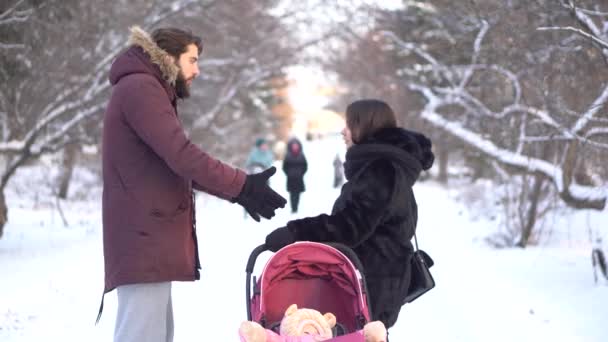 Jonge ouders schreeuwen bij elkaar in de buurt van een kleine baby in roze kinderwagen tijdens het wandelen in winter park. Boze vader en moeder ruzie buitenshuis, verwaarlozen hun kind, jonge gezinsproblemen. - Video