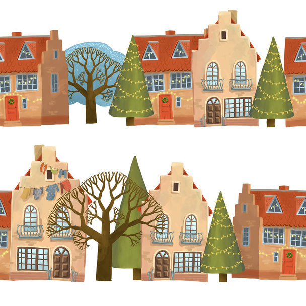 Illustartion φωτεινό παλιά σπίτια δύο-ιστορίας με τα δέντρα που απομονώνονται σε λευκό φόντο. Οδός χειμώνα είναι διακοσμημένο σε διακοπές. Δύο οριζόντιες απρόσκοπτη σύνορα σχετικά με μικρό Χειμώνας πόλη. - Φωτογραφία, εικόνα