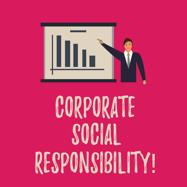 Handwriting text writing Corporate Social Responsibility. Concept meaning internal organizational policy or strategy Man in Business Suit Standing Pointing a Board with Bar Chart Copy Space. - Photo, Image