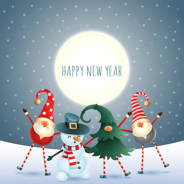 Carte de voeux - gnomes scandinaves et bonhomme de neige célèbrent le Nouvel An devant la lune magique - fond neigeux sombre
 - Vecteur, image