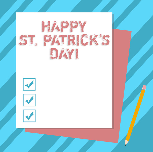 Writing note showing Happy St Patrick S Is Day. Business photo showcasing Ireland celebration green lucky charms and clovers Stack of Different Pastel Color Construct Bond Paper Pencil. - Photo, Image