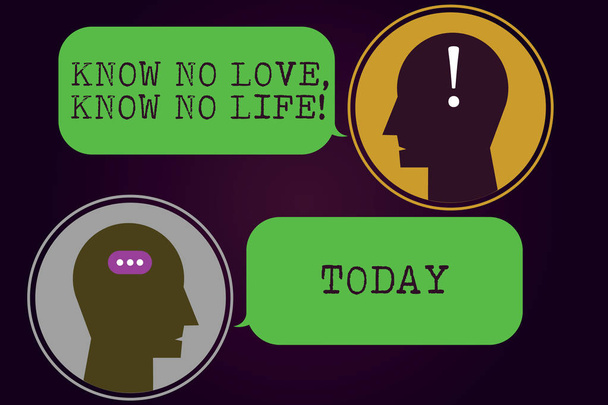 Text sign showing Know No Love Know No Life. Conceptual photo Lovely inspiration motivation excellent experience Messenger Room with Chat Heads Speech Bubbles Punctuations Mark icon. - Photo, Image