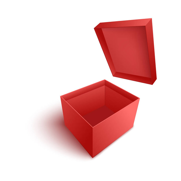 Vector illustration of open empty red paper box with flying cover in realistic 3d style. - Vector, afbeelding