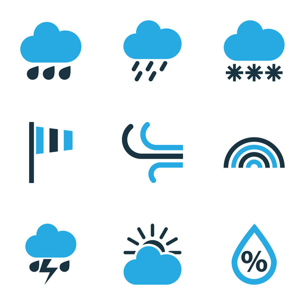 Icônes météo colorées ensemble avec goutte, foudre, arc-en-ciel et autres éléments d'humidité. Illustration vectorielle isolée icônes météo
. - Vecteur, image