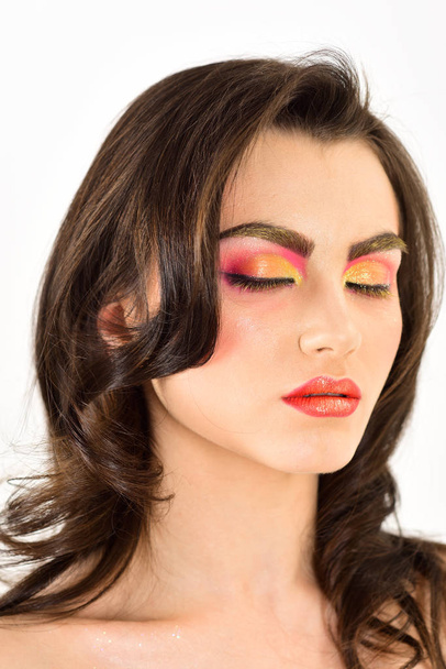 Dramatic eye makeup trend. A beauty of a girl. Sexy woman with color cosmetics. Beauty model with glamour look. Pretty woman wear creative makeup. Applying decorative cosmetics and makeup - Photo, image
