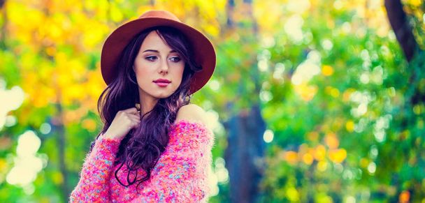 Brunet girl in pink sweater in the autumn season time park. - Photo, image