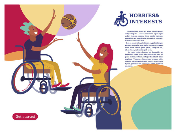 Bir erkek ve bir kadın voleybol, basketbol oynarken bir tekerlekli sandalye ile. Bir toplum ve bir topluluk Engelliler kavramı. Hobiler, ilgi alanları, Engelli insanların yaşam tarzı. Düz çizgi film tarzı, izole vektör çizim, - Vektör, Görsel