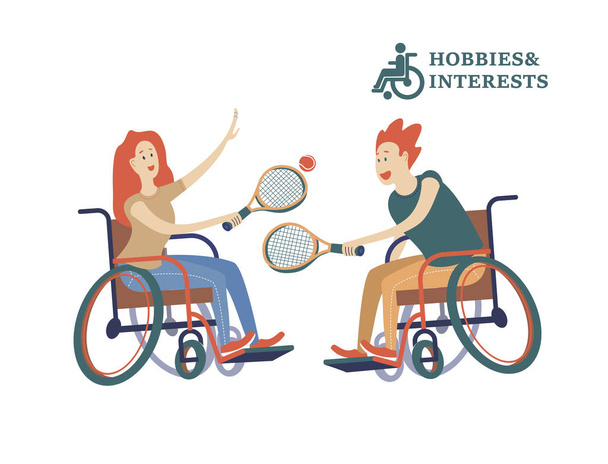 Ένας άνδρας και μια γυναίκα με ένα αναπηρικό αμαξίδιο που παίζει τένις. Η ιδέα μιας κοινωνίας και μιας κοινότητας των ατόμων με αναπηρίες. Χόμπι, συμφέροντα, τον τρόπο ζωής των ατόμων με αναπηρία. Εικονογράφηση διάνυσμα στυλ επίπεδη καρτούν, απομονωμένες, λευκό backgroun - Διάνυσμα, εικόνα