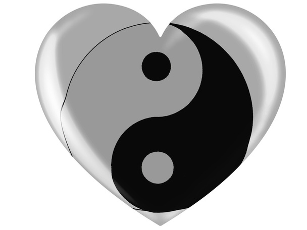 Το ying yang σύμβολο, ζωγραφισμένη στη ζωγραφισμένα στο εικονίδιο γυαλιστερό καρδιά - Φωτογραφία, εικόνα
