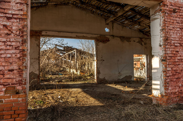 農場の動物の古い工業ビルの廃墟のある風景します。放棄された豚舎略奪や廃棄物のインテリア。経済の崩壊。選択と集中。危機の設計のための背景として - 写真・画像
