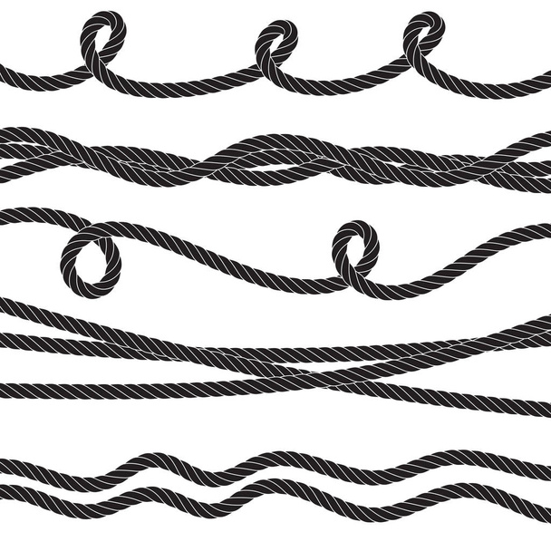 Aantal gedraaide vector touw pictogram of touwwerk met lussen geïsoleerd. Decoratieve gedraaide jute touw collectie lines - Vector, afbeelding