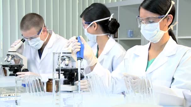 Három diák orvosok tanul a kórház laboratóriumának - Felvétel, videó