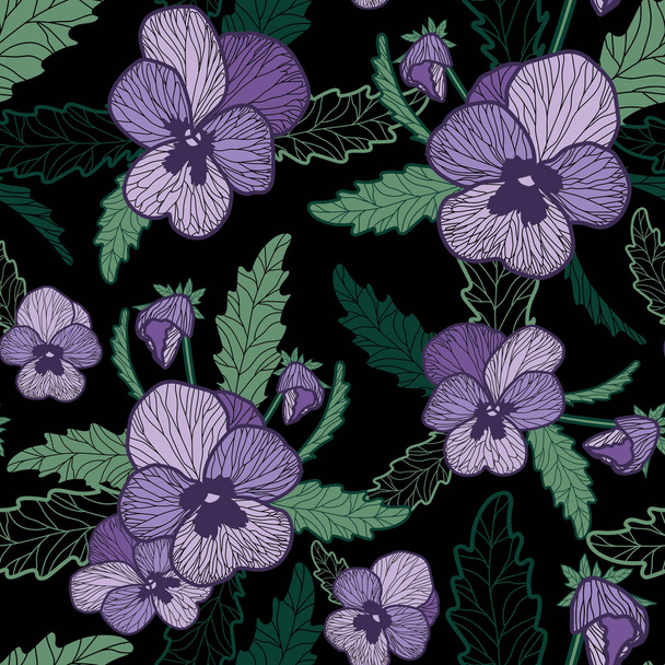 黒の背景に紫のパンジーと花のベクトル シームレス パターン。レトロなビンテージ スタイルのパターン。結婚式や記念日のカードに最適 - ベクター画像