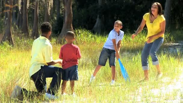 Ethnische Familie spielt Baseball im Park - Filmmaterial, Video