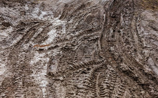 土粘土に自動車のタイヤの滑りやすい出版社。ホイール汚れオフロードの道。春にぬれた汚れた粘土道。極端なオフロード走行をトレースします。車から追跡します。ソフトの短焦点と背景 - 写真・画像