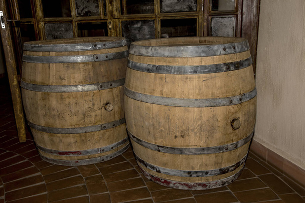 Παλιά δρύινα βαρέλια στο κελάρι του την είσοδο στο σκούρο φόντο του την παλιά πόρτα γυαλιού με σπασμένο γυαλί τοίχων σε σκούρα χρώματα - Φωτογραφία, εικόνα