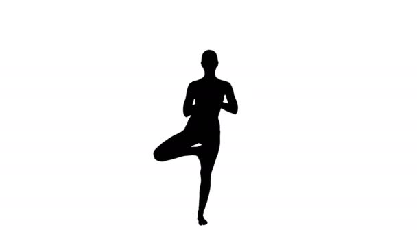 Disparo total. Silueta Mujer joven practicando yoga, de pie en Utthita Hasta Padangustasana ejercicio, Extended Hand to Big Toe pose. Tiro profesional en resolución 4K. 009. Puede usarlo, por ejemplo: - Metraje, vídeo