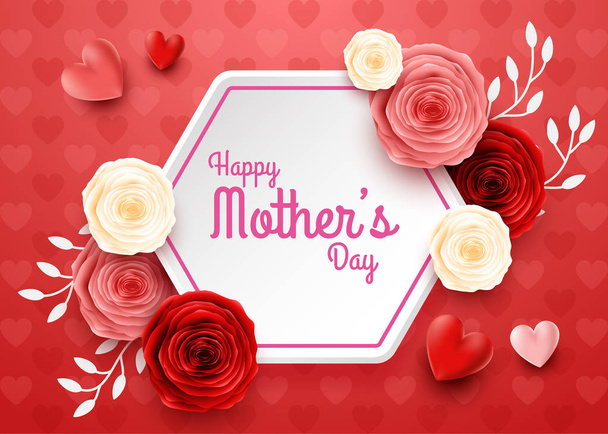 Happy Mother's Day met roze bloemen en harten achtergrond - Vector, afbeelding
