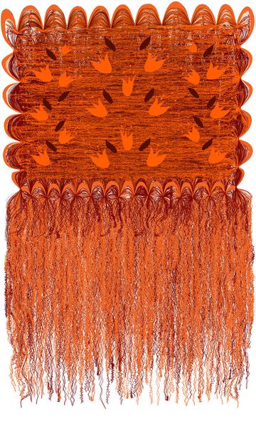 Tapiz moderno decorativo a rayas grunge y ondulado con patrón floral con campanas abstractas y flecos largos en naranja, colores marrones aislados en blanco
 - Vector, Imagen