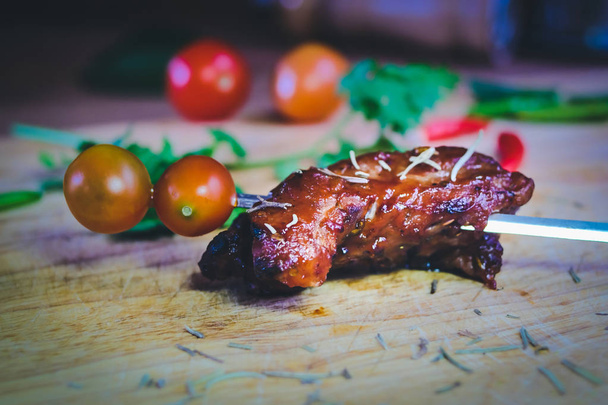 Grilled meat pork ribs on wood table. - Foto, imagen