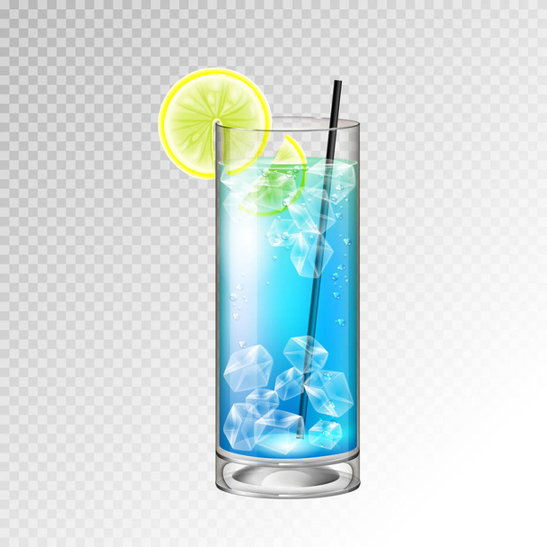 Realistic cocktail blue lagoon glass vector illustration on transparent background - Vektori, kuva