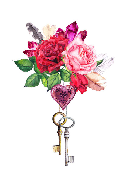 Red, pink roses with heart, two keys, feathers, crystal gemstone. Watercolor in boho style for Valentine day, wedding - Foto, Imagem