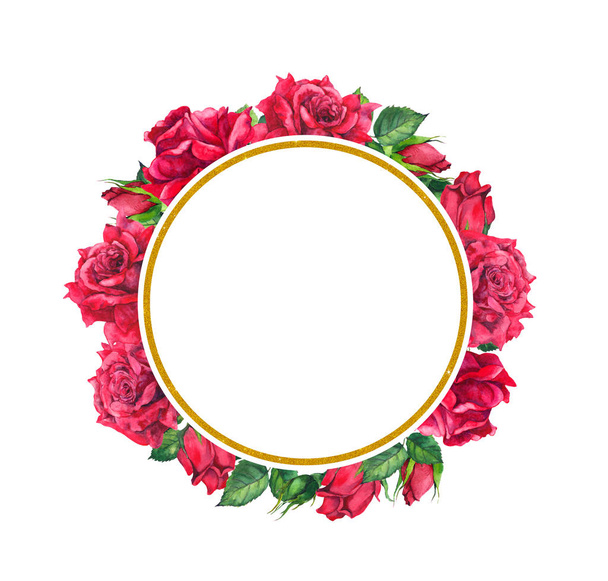 Red roses, golden round border. Watercolor round frame with flowers and gold for Valentine day - Photo, Image