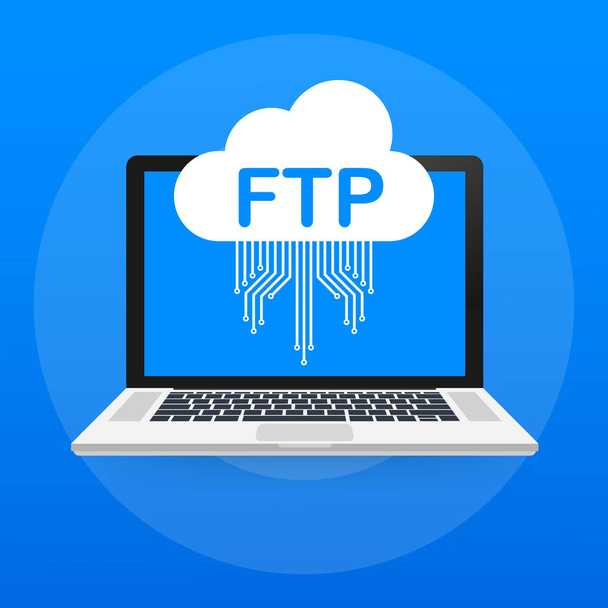 FTP tiedostonsiirtokuvake kannettavalla tietokoneella. FTP-teknologian ikoni. Siirrä tiedot palvelimelle. Vektoriesimerkki
. - Vektori, kuva