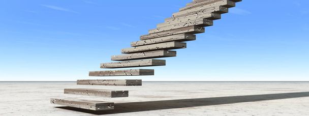 Konzept oder konzeptionelle 3D-Illustration Treppenstufen zum Himmel auf Himmelshintergrund in der Wüste mit Wolkenbanner - Foto, Bild