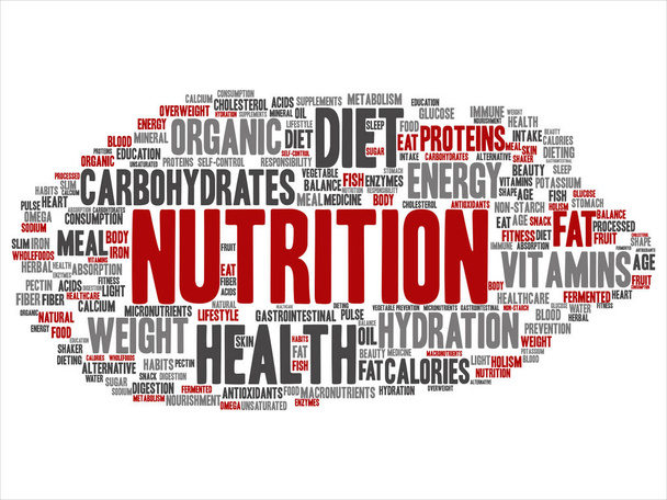 Concept or conceptual nutrition health diet abstract word cloud isolated background. Collage of carbohydrates, vitamins, fat, weight, energy, antioxidants beauty medicine, mineral, protein text - Photo, Image