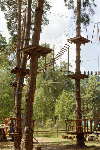 Children's Adventure Park bridges, ropes and stairs designed for beginners in woods among tall pine trees. Adventure climbing on high wired park. Course of high ropes in forest. Zipline Activity - Photo, Image