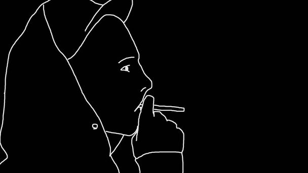Yksinkertainen animaatio muotokuva tupakointi kaveri. Turvallisten savukkeiden toistuva liike. Kuva nuoren miehen valkoisesta siluetista mustalla taustalla
 - Valokuva, kuva