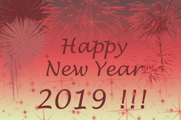 Tarjeta de felicitación de Año Nuevo 2019. Efectos de fuegos artificiales sobre el fondo
. - Foto, Imagen