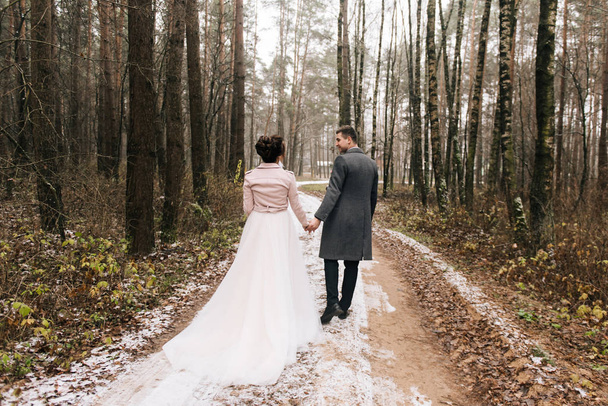 Portrait of happy young loving newlyweds.  The bride and groom go to the forest alley with the first snow. Wedding day - Фото, изображение