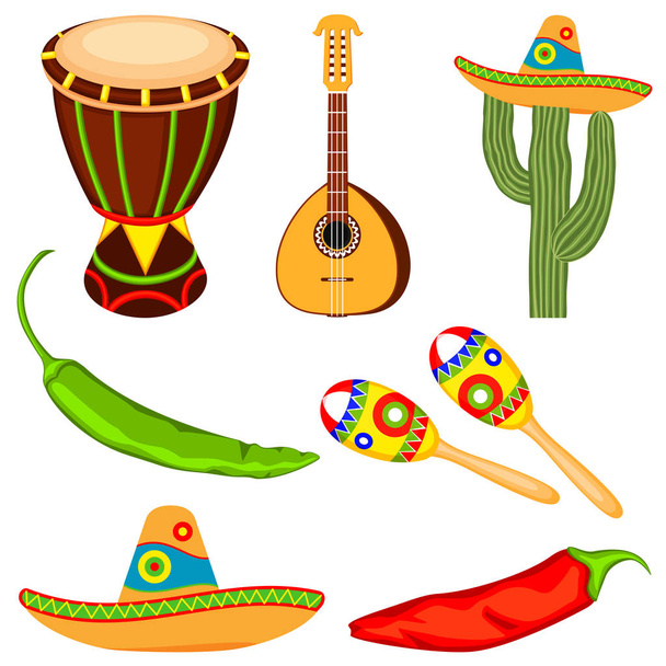 Colorful cartoon mexican music set - Vektor, kép