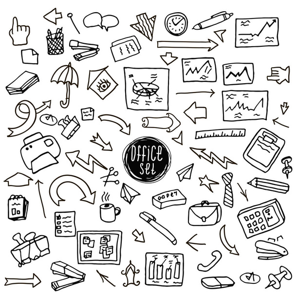 Office Work Traditional Doodle Icons Hand Made Design Objects Set Collection Sketch - Vector, Image