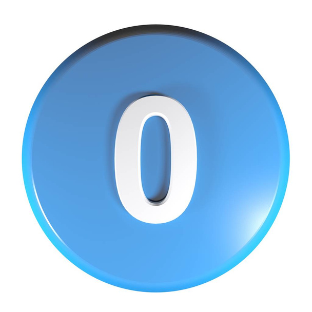 ein blauer Cricle-Taster mit der Nummer 0, isoliert auf weißem Hintergrund - 3D-Darstellung - Foto, Bild