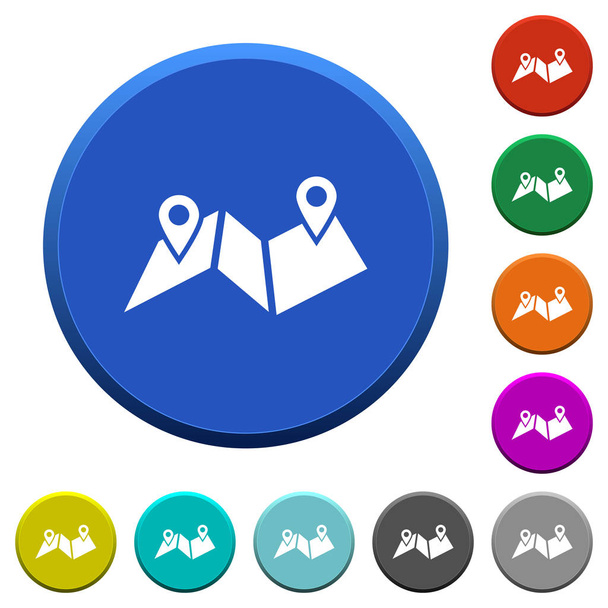 Route plan round color beveled buttons with smooth surfaces and flat white icons - Vector, Image