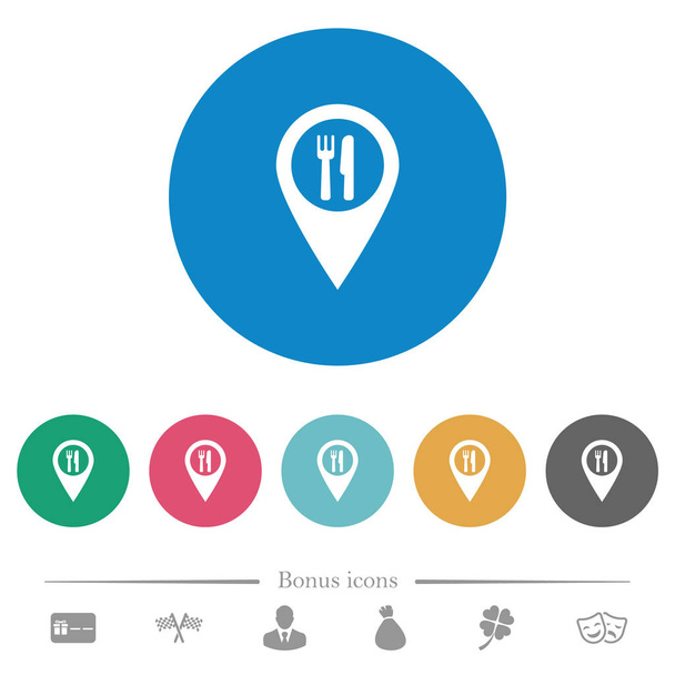 Restaurante GPS mapa localização plana ícones brancos em fundos cor redonda. 6 ícones de bônus incluídos
. - Vetor, Imagem